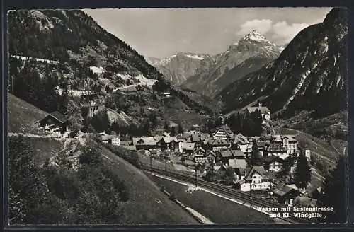 AK Wassen, Teilansicht mit Sustenstrasse und Kl. Windgälle