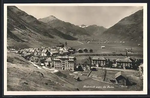 AK Andermatt, Ortsansicht aus der Vogelschau gegen Furka