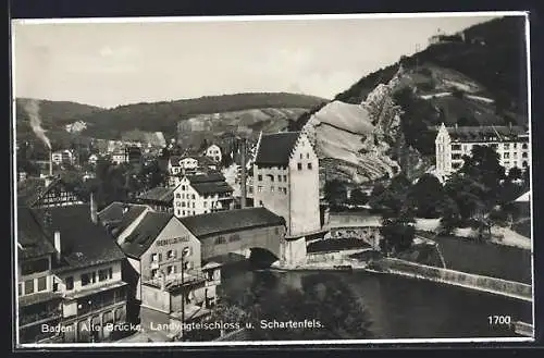 AK Baden, Alte Brücke mit Landvogteischloss und Schartenfels