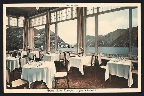 AK Lugano, Paradiso, Grand Hotel Europe, Restaurant, Innenansicht mit Panoramablick