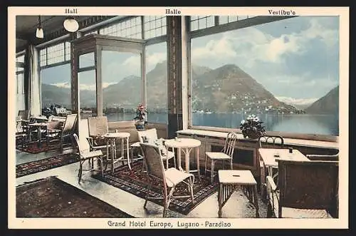 AK Lugano, Paradiso, Grand Hotel Europe, Halle mit Panoramablick aufs Wasser