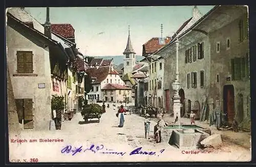 AK Erlach am Bielersee, Strassenpartie mit Brunnen und Kirchturm