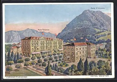 Künstler-AK Lugano, Paradiso, Hotel Meister mit Anlagen, Monte Generoso u. S. Salvatore