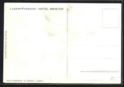 Künstler-AK Lugano, Paradiso, Hotel Meister mit Anlagen, Monte Generoso u. S. Salvatore