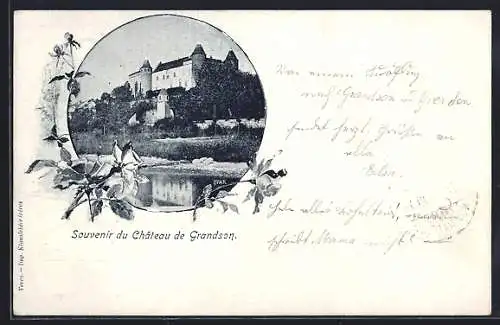 AK Grandson, Chateau de Grandson vom Wasser aus, Rosen