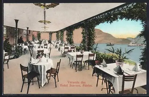 AK Flüelen, Hotel Sternen, Veranda mit Wasserblick