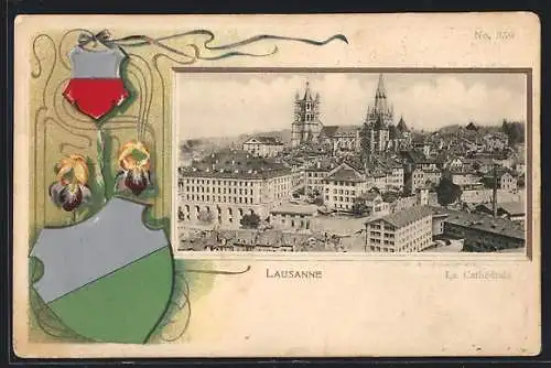 Passepartout-Lithographie Lausanne, Teilansicht, Wappen, Blumen