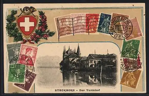 AK Steckborn, Der Turmhof, Passepartout mit Briefmarken, Posthorn und Wappen