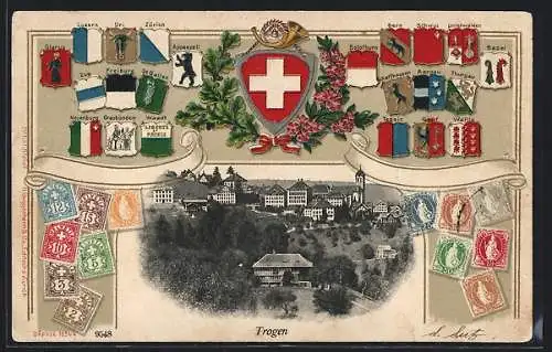 Präge-AK Trogen, Ortsansicht im Passepartout mit Wappen und Briefmarken