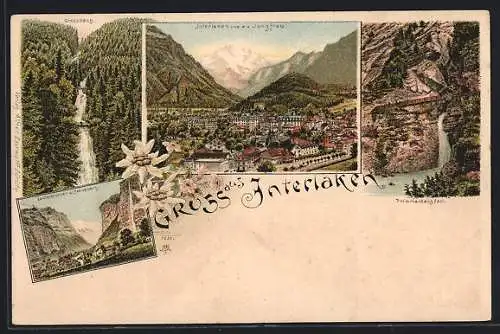 Lithographie Interlaken, Giessbach, Ortsansicht mit der Jungfrau, Trimmelbachfall