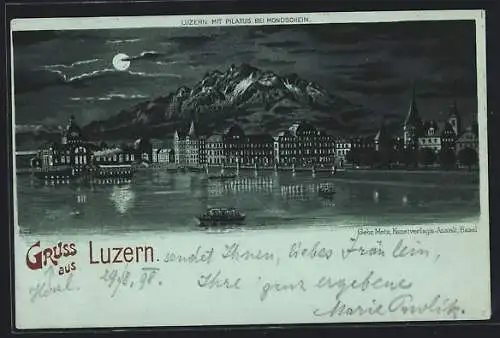 Mondschein-Lithographie Luzern, Stadtpanorama mit Pilatus