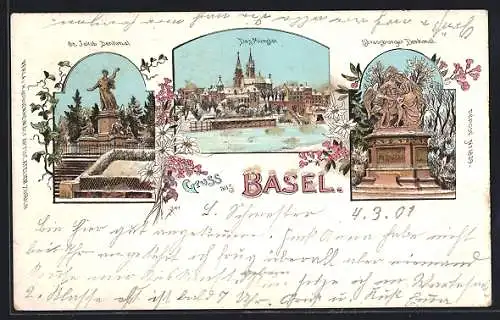 Lithographie Basel, St. Jakob-Denkmal, Strassburger Denkmal und das Münster