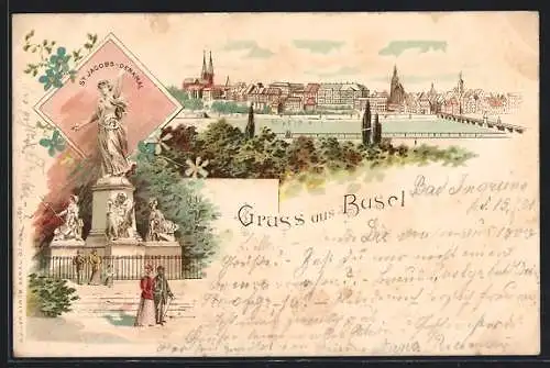 Lithographie Basel, St. Jacobs-Denkmal und Stadtpanorama