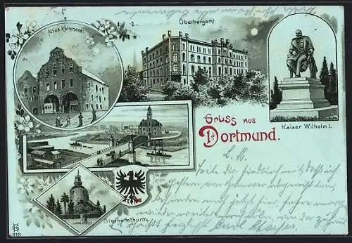 Mondschein-Lithographie Dortmund, Altes Rathaus, Oberbergamt, Steinersthurm