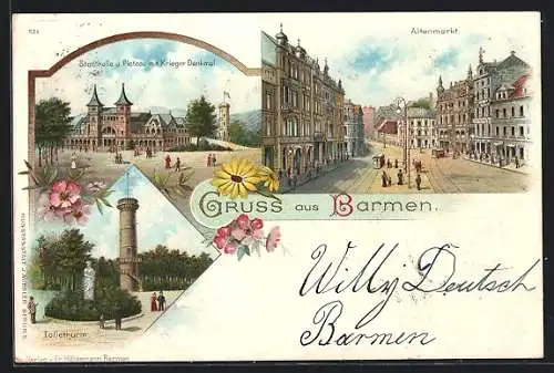 Lithographie Barmen, Stadthalle u. Plateau mit Krieger Denkmal, Tölleturm, Altenmarkt mit Strassenbahn