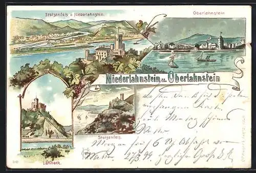 Lithographie Niederlahnstein, Totale mit Stolzenfels, Ansichten von Oberlahnstein und Lahneck