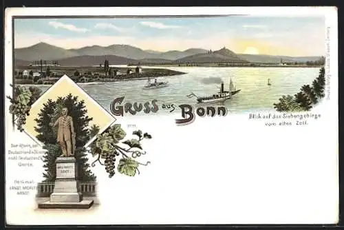 Lithographie Bonn, Blick auf das Siebengebirge vom alten Zoll, Denkmal Ernst Moritz Arndt