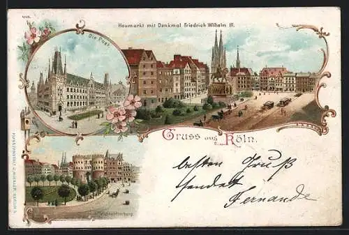 Lithographie Köln, Heumarkt mit Denkmal Friedrich Wilhelm III., Blick auf die Post, Hahnentorburg