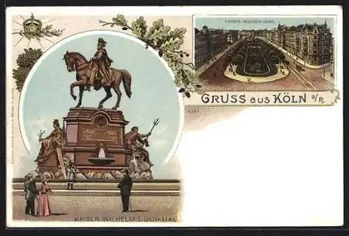 Lithographie Köln-Neustadt, Reiterdenkmal Kaiser Wilhelm I. & Kaiser-Wilhelmring aus der Vogelschau