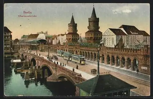 AK Berlin-Friedrichshain, Strassenbahn auf der Oberbaumbrücke