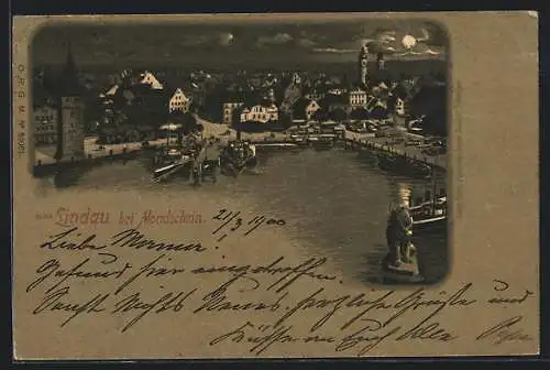 Mondschein-Lithographie Lindau im Bodensee, Hafen mit Dampfern bei Nacht