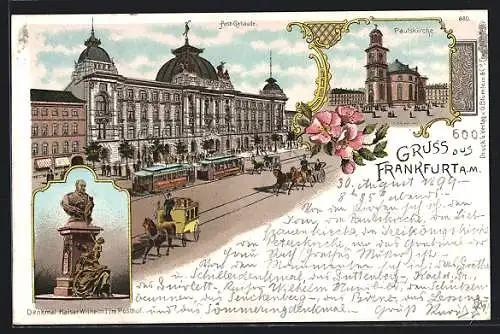 Lithographie Frankfurt a. M., Paulskirche, Post-Gebäude und Strassenbahnen, Denkmal Kaiser Wilhelm I. im Posthof