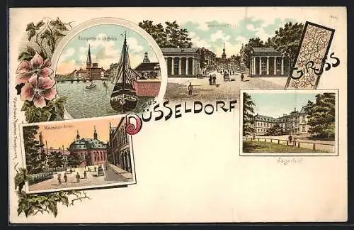 Lithographie Düsseldorf, Ratinger Tor, Rheinpartie m. Schiffbrücke, Jägerhof & Maximilians-Kirche