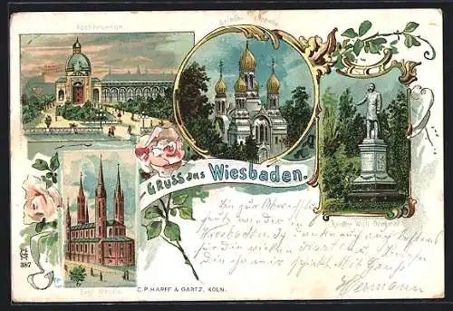 Lithographie Wiesbaden, Kochbrunnen, Griech. Kapelle, Evgl. Kirche