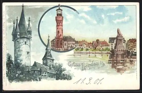 Lithographie Lindau i. B., Hafenpartie, Leuchtturm und Diebsturm