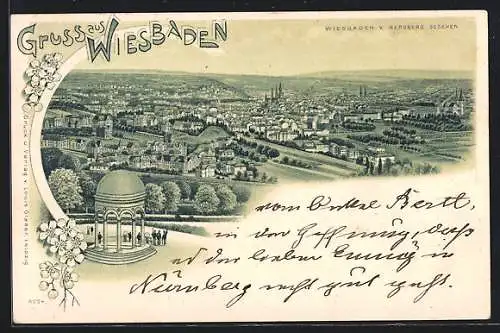 Lithographie Wiesbaden, Stadt vom Neroberg gesehen