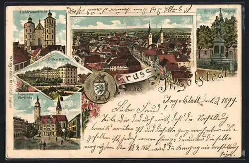 Lithographie Ingolstadt, Friedenskaserne, Liebfrauenkirche, Krieger-Denkmal