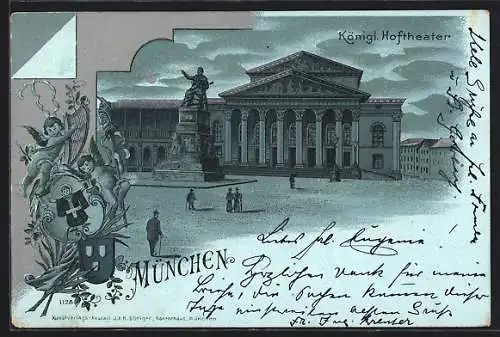 Mondschein-Lithographie München, Königl. Hoftheater, Wappen mit Münchner Kindl