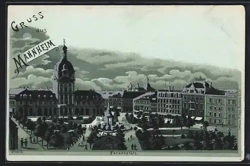 Mondschein-Lithographie Mannheim, Paradeplatz im silbernen Licht des Mondes