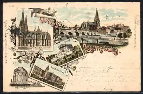 Lithographie Regensburg, Dom, Fürstliches Palais, Wallhalla