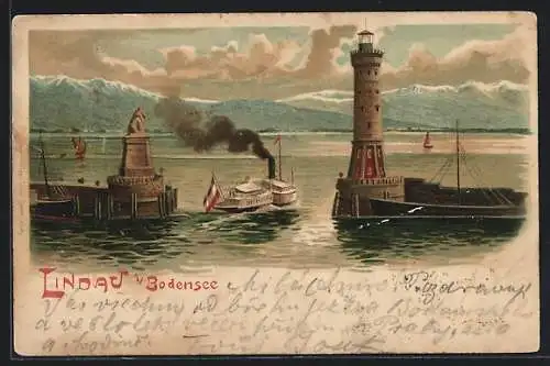 Lithographie Lindau / Bodensee, Löwendenkmal und Leuchtturm an der Hafeneinfahrt