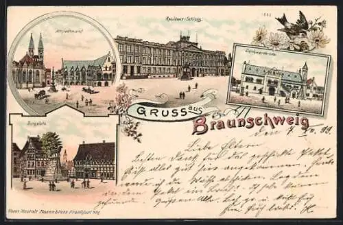 Lithographie Braunschweig, Altstadtmarkt, Residenz-Schloss, Dankwarderode und Burgplatz