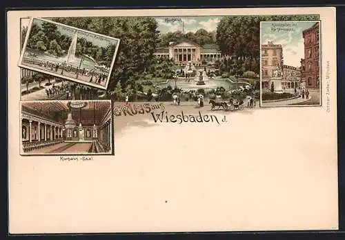 Lithographie Wiesbaden, Kurhaus, Inneres Saal, Grosse Fontaine im Kurgarten