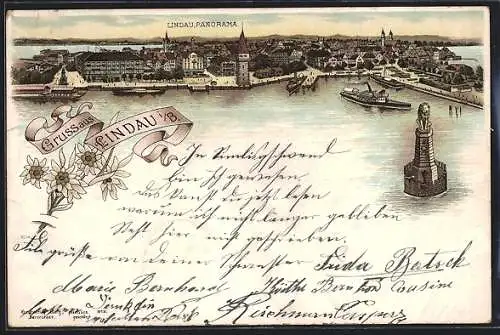 Lithographie Lindau i. B., Panorama mit Hafen