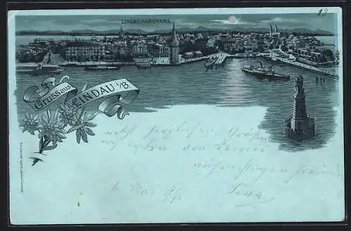 Mondschein-Lithographie Lindau i. B., Panorama mit Hafen