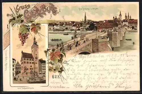 Lithographie Würzburg, Alte Brücke und Gesamtansicht, Graf Eckhardtturm