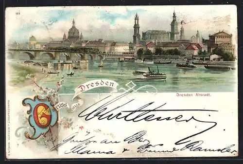 Lithographie Dresden, Altstadt mit Brücke