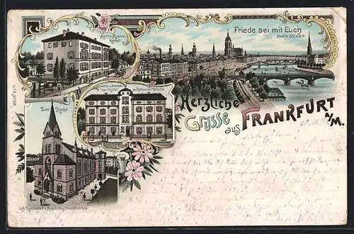 Lithographie Frankfurt a / M., Martins Missions-Anstalt, Zion-Kirche, Diaconiss. u. Kranken Heil-Anstalt