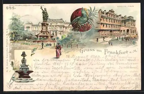 Lithographie Frankfurt a / M., Schützenbrunnen am Tiergarten, Stoltze-Denkmal, Goethe-Haus