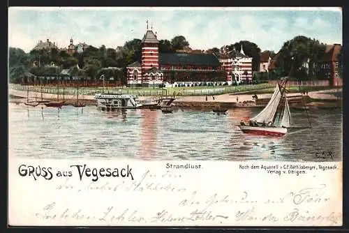 Künstler-Lithographie Vegesack, Cafe Strandlust, Segelboot