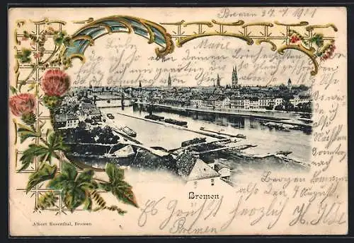 Lithographie Bremen, Teilansicht mit Kirche, Ornament mit Blumen, Passepartout