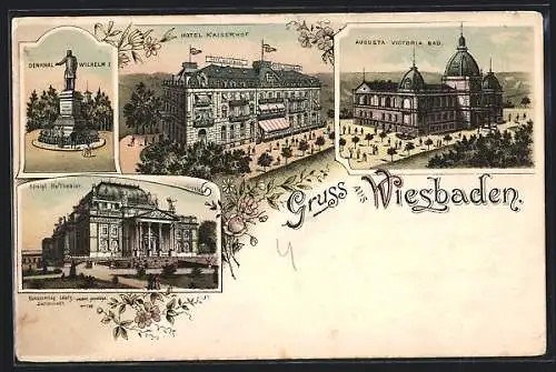 Lithographie Wiesbaden, Hotel Kaiserhof, Augusta Victoria Bad, Denkmal Wilhelm I.