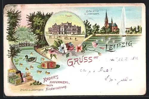 Lithographie Leipzig, Lutherkirche im Johannapark, Brücke, Reklame für Aecht Reichard Kaffee-Zusatz