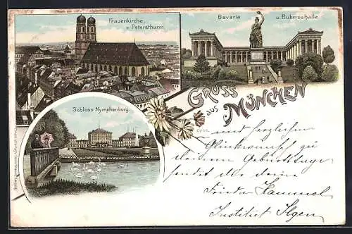 Lithographie München, Schloss Nymphenburg, Frauenkirche vom Petersturm, Bavaria und Ruhmeshalle