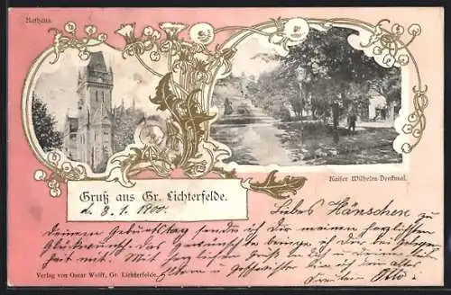 Lithographie Berlin-Gr. Lichterfelde, Rathaus, Kaiser Wilhelm-Denkmal, Löwenzahn, Passepartout