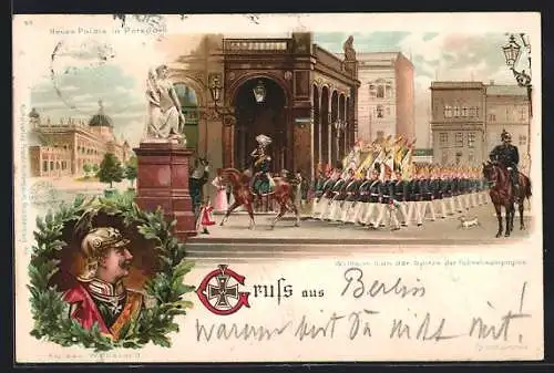 Lithographie Potsdam, Wilhelm II. an der Spitze der Fahnenkompagnie, Neues Palais